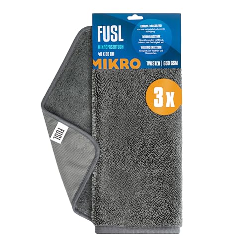 FUSL Mikrofasertücher 30x40cm - streifenfrei und fusselfrei - Mikrofaser Autopflege, Poliertuch Auto, Mikrofaser Putztuch, Auto Tuch - saugstark mit 650GSM - 3 Stück von FUSL