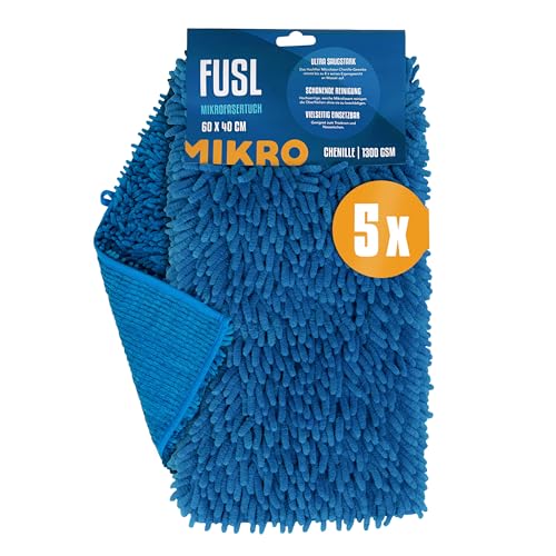 FUSL Mikrofasertücher 60x40cm - streifenfrei und fusselfrei - Mikrofaser Autopflege, Poliertuch Auto, Mikrofaser Putztuch, Auto Tuch - extra saugstark mit 1300GSM - 5 Stück von FUSL