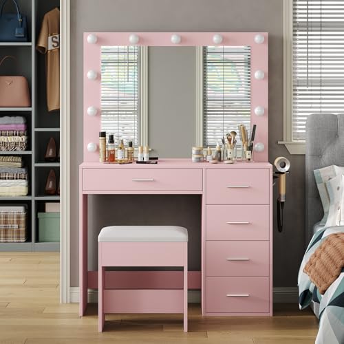 FUSOU Schminktisch mit Beleuchtung 94cm & Steckdose, Kosmetiktisch mit Spiegel 11 LED-Lichter 3 Farbmodi inkl. Hocker & Haartrocknerhalter, 5 Schubladen, für Schlafzimmer, Rosa von FUSOU