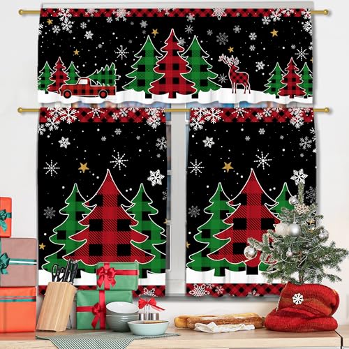 Weihnachts-Küchenvorhänge für Fenster, Weihnachtsbäume, Küchendekor, Vorhänge und Volants, Set, Bauernhaus, Stangentasche, Winterbaum, Büffelkariert, 2 Paneele (68,6 x 61 cm) + Etage (137,2 x 45,7 cm von FUTBU