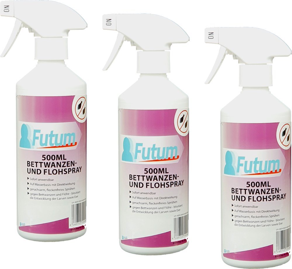 FUTUM Insektenspray Anti-Bettwanzen-Spray Floh-Mittel Ungeziefer-Spray, 3-St., auf Wasserbasis, geruchsarm, brennt / ätzt nicht, mit Langzeitwirkung von FUTUM