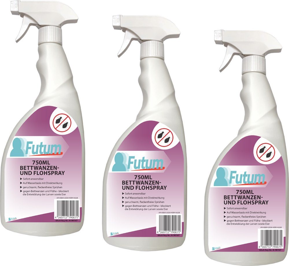 FUTUM Insektenspray Anti-Bettwanzen-Spray Floh-Mittel Ungeziefer-Spray, 3-St., auf Wasserbasis, geruchsarm, brennt / ätzt nicht, mit Langzeitwirkung von FUTUM