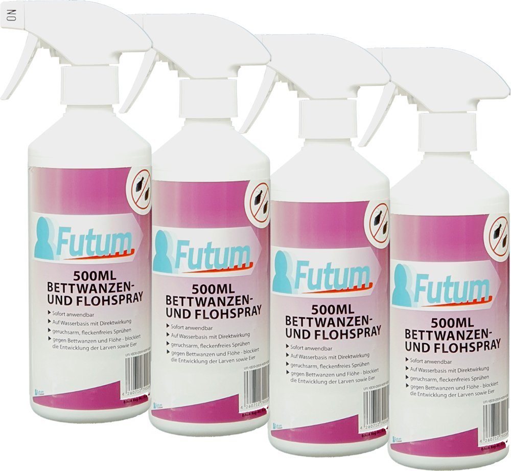 FUTUM Insektenspray Anti-Bettwanzen-Spray Floh-Mittel Ungeziefer-Spray, 4-St., auf Wasserbasis, geruchsarm, brennt / ätzt nicht, mit Langzeitwirkung von FUTUM