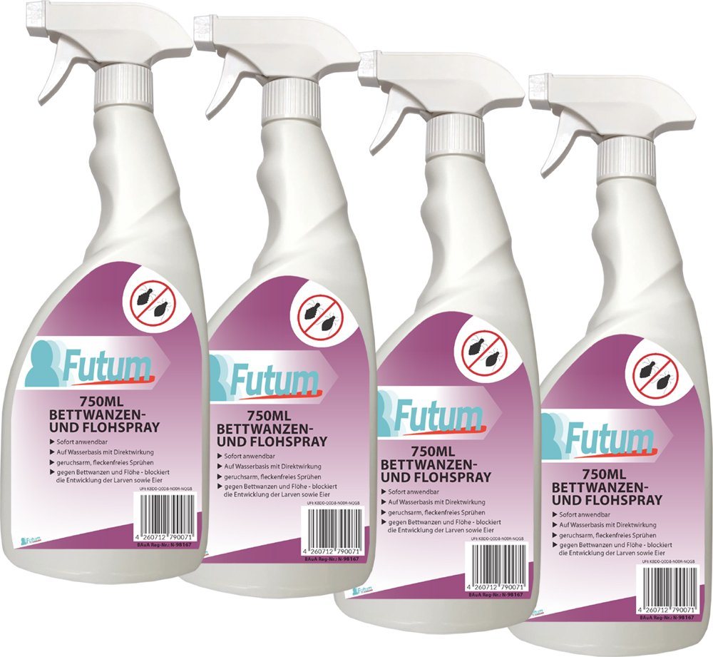 FUTUM Insektenspray Anti-Bettwanzen-Spray Floh-Mittel Ungeziefer-Spray, 4-St., auf Wasserbasis, geruchsarm, brennt / ätzt nicht, mit Langzeitwirkung von FUTUM