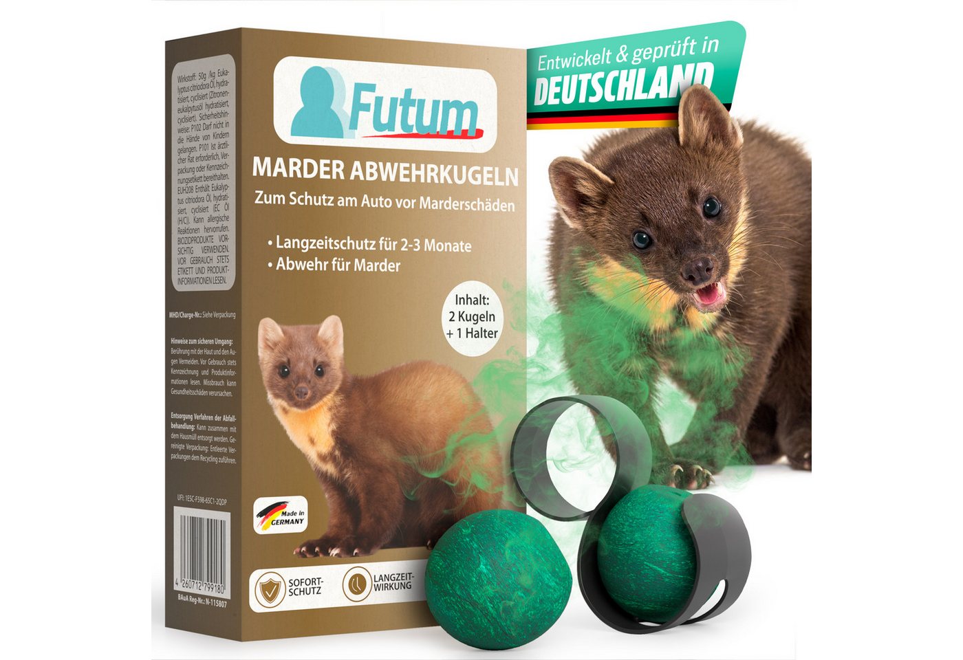 FUTUM Vergrämungsmittel 2er Set mit 1 Halter Marderkugeln gegen Marder für das Auto, 2-St., Marderabwehr von FUTUM