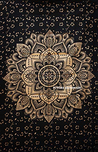 Future, handgefertigtes Bettlaken mit Mandala-Motiv, Schwarz und Gold, Design 11 von FUTURE HANDMADE