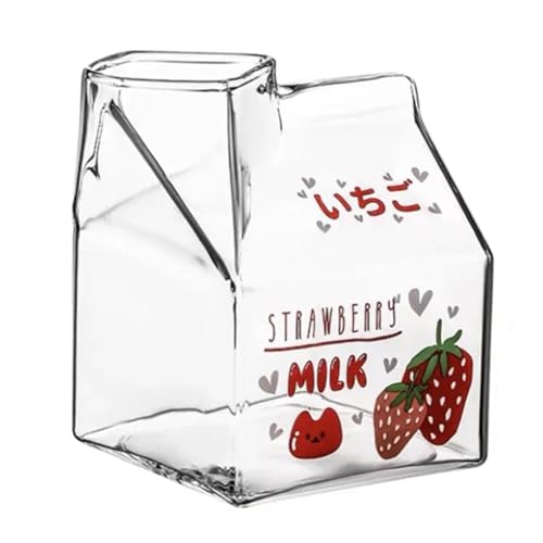 FUWIND 350ML Kawaii Quadratischer Milchkarton-Glasbecher, HitzebestäNdig, SüßEr Erdbeer-Pfirsich-FrüHstüCksbecher, Puddingbecher, Milchflaschen, A von FUWIND