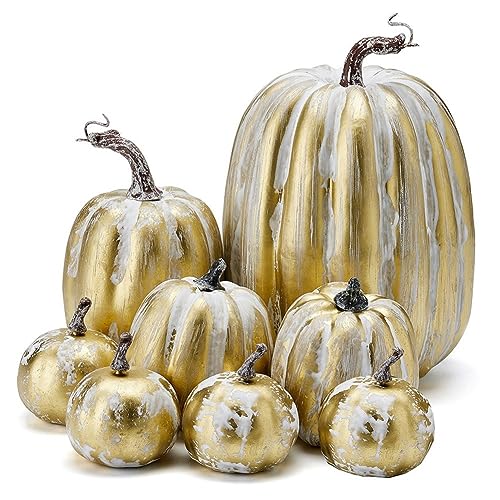 FUWIND 8 Stück Gemischte Künstliche Herbst-Kürbisse, Goldene Verzierung auf Weißen Kürbissen, Dekoratives Goldweißes Design von FUWIND