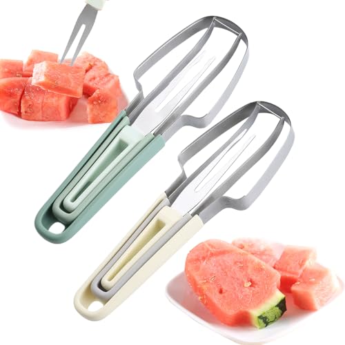 2024 Neu Wassermelonen Schneider, 3-in-1 Melonenschneider Obstschneider aus Edelstahl, Obstgabeln-Schneidemesser, Sommer Wassermelonen-Fruchtschneidegabel (Beige+Grün) von FUXNGZI