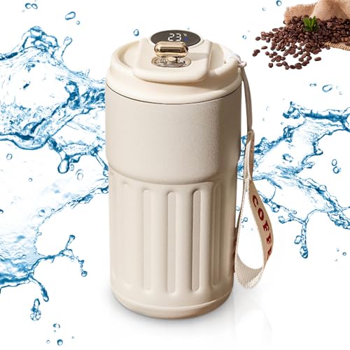 FUXNGZI Kaffee-Thermoskanne mit Temperaturanzeige,2024 Neuest Kaffeebecher to go,Thermosflasche Edelstahl,Auslaufsicher Kaffeetasse Kaffeebecher,450ml Kaffeetasse Thermoskanne für Unterwegs (Weiß) von FUXNGZI