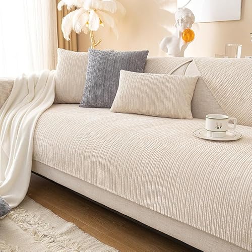 FUXNGZI Simple Striped Chenille Anti-Scratch Couch Cover, Sofabezug aus Chenille-Stoff mit Fischgrätenmuster, Sofaschoner Antirutsch Sofaschutz Hund Kratzschutz Katze (Beige, 110 * 160cm) von FUXNGZI