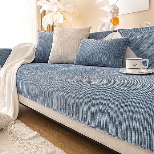 FUXNGZI Simple Striped Chenille Anti-Scratch Couch Cover, Sofabezug aus Chenille-Stoff mit Fischgrätenmuster, Sofaschoner Antirutsch Sofaschutz Hund Kratzschutz Katze (Blau, 110 * 110cm) von FUXNGZI