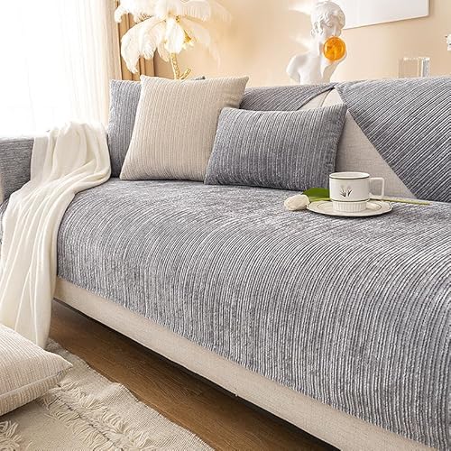 FUXNGZI Simple Striped Chenille Anti-Scratch Couch Cover, Sofabezug aus Chenille-Stoff mit Fischgrätenmuster, Sofaschoner Antirutsch Sofaschutz Hund Kratzschutz Katze (Grau, 110 * 160cm) von FUXNGZI