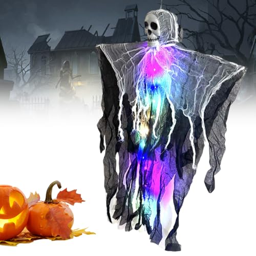 Halloween Hanging Ghost Decoration, Halloween Deko Hängende Geist mit LED Licht Outdoor Leuchtende Geist für Vorgarten Garten Party (Farbe) von FUXNGZI