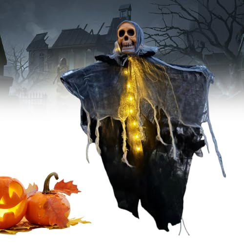 Halloween Hanging Ghost Decoration, Halloween Deko Hängende Geist mit LED Licht Outdoor Leuchtende Geist für Vorgarten Garten Party (Warme) von FUXNGZI