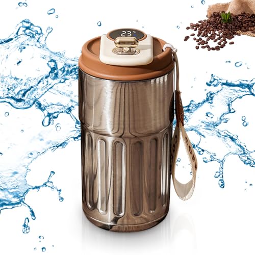 Kaffee-Thermoskanne mit Temperaturanzeige,2024 Neuest Kaffeebecher to go,Thermosflasche Edelstahl,Auslaufsicher Kaffeetasse Kaffeebecher,450ml Kaffeetasse Thermoskanne für Unterwegs (Splitter-Kaffee) von FUXNGZI