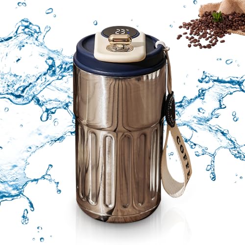 Kaffee-Thermoskanne mit Temperaturanzeige,2024 Neuest Kaffeebecher to go,Thermosflasche Edelstahl,Auslaufsicher Kaffeetasse Kaffeebecher,450ml Kaffeetasse Thermoskanne für Unterwegs (Splitter-Blau) von FUXNGZI