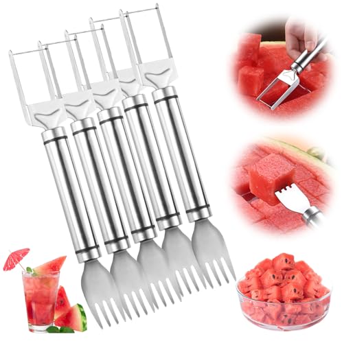 Wassermelonengabel Schneidewerkzeug,2-in 1Obstschneider aus Edelstahl,Mehrzweck Edelstahl Wassermelonen Gabel,Melonenschneider Sommer Wassermelonen-Fruchtschneidegabel (2) von FUXNGZI