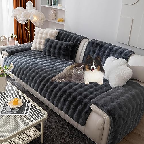 Dickes Kaninchen Plüsch Couch Abdeckung, Solide Farbe Anti-Rutsch-Sofa Abdeckung Super Weich Kunstpelz Sofa Slipcover, Flauschige Boden Möbelschutz Für Hunde Katzen(Size:110 * 160cm,Color:E) von FUYAO