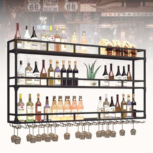 FUYAO Weinregal mit LED -Licht, wandmontierten Metallregalen für Spirituosenflaschen und Weingläser - Multi -funktionales Lagerregal für Zuhause, Restaurant, Bars, Bars von FUYAO