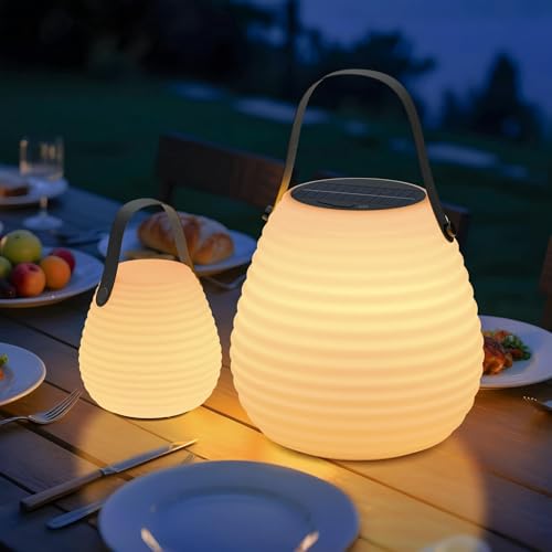 FUYO 2 Stück LED Akku Solar Outdoor Lampe mit 2 Fernbedienungen, Dimmbar in Warmweiß und RGB, 8 Farben Dimmbar Outdoor Tischleuchte, IP44 Outdoor Wasserdicht für Haus, Garten, Balkon und Camping von FUYO