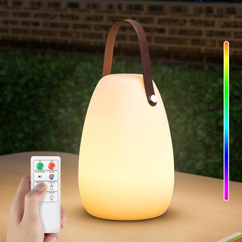 FUYO Outdoor Tischlampe mit Griffe aus Leder, Dimmbare Tischlampe Kabellos LED Akku Tischleuchte Warmweiß 8 Farben Farbwechsel Tragbare Gartenlampe für Schlafzimmer Außen BBQ Garten (Glatte) von FUYO