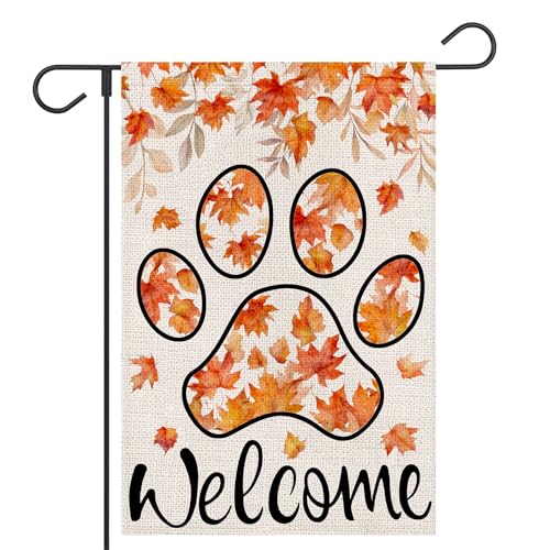 FUYUCHEN Gartenflagge "Welcome Fall", 30,5 x 45,7 cm, doppelseitig, Ahornblätter, Pfotenabdruck, kleine Jute-Flagge für den Außenbereich, Herbst, Urlaub, saisonale Hof, Outdoor-Dekoration FUYUCHEN Gartenflagge "Welcome Fall", 30,5 x 45,7 cm, doppelseitig, Ahornblätter, Pfotenabdruck, kleine Jute-Flagge für den Außenbereich, Herbst, Urlaub, saisonale Hof, Outdoor-Dekoration von FUYUCHEN