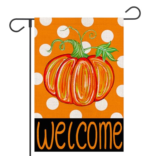 FUYUCHEN Herbst-Kürbis-Gartenflagge, 30,5 x 45,7 cm, doppelseitig außen, gepunktet, Begrüßung, saisonal, Erntedankfest, Urlaub, Hof, Outdoor, dekorative Flagge (Orange) von FUYUCHEN