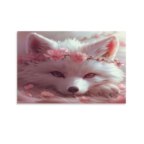 Abstrakter Fuchs Leinwand-Kunst, Natur-Kirschblüte, lustiger Tiergemälde auf strukturierter Leinwand, Wandposter, Kunstwerk für Wohnzimmer, Schlafzimmer, Büro, Dekoration, ungerahmt, 30 x 45 cm von FUYUETTG