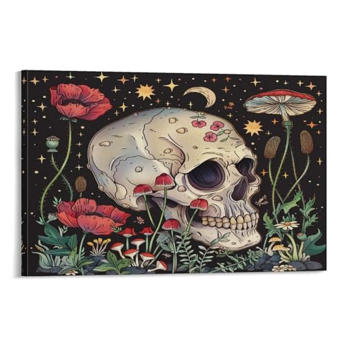 FUYUETTG Aquarell-Schädel-Leinwand-Kunst, Naturmohn-Pilz, romantischer Blumendruck auf strukturierter Leinwand, Wandposter, Kunstwerk für Wohnzimmer, Schlafzimmer, Büro, Dekorrahmen, 60 x 90 cm von FUYUETTG
