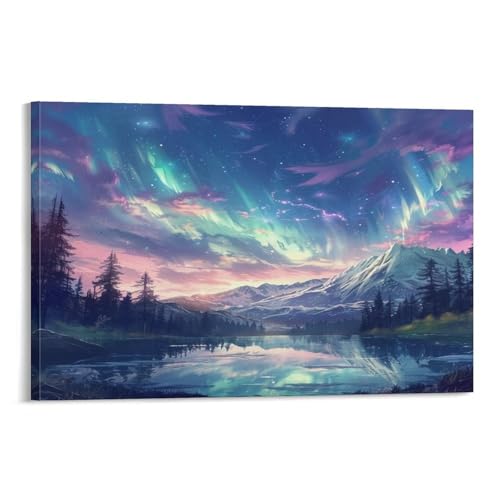 FUYUETTG Kunstdruck auf Leinwand, Motiv: helle Aurora Borealis, Waldsee, abstrakte Landschaft, Gemälde auf strukturierter Leinwand, Wandposter, Kunstwerk für Wohnzimmer, Schlafzimmer, Büro von FUYUETTG
