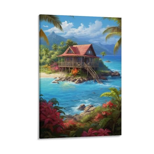 FUYUETTG Kunstdruck auf Leinwand, Motiv: tropische Insel, Waldhütte, modern, schöne Landschaft, Gemälde auf strukturierter Leinwand, Wandposter, Kunstwerk für Wohnzimmer, Schlafzimmer, Büro FUYUETTG Kunstdruck auf Leinwand, Motiv: tropische Insel, Waldhütte, modern, schöne Landschaft, Gemälde auf strukturierter Leinwand, Wandposter, Kunstwerk für Wohnzimmer, Schlafzimmer, Büro von FUYUETTG