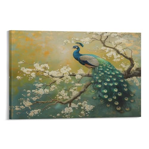 FUYUETTG Moderner Pfau auf Leinwand, Wandkunst, weiße Blume, Zweig, Natur, Tiergemälde, Druck auf strukturierter Leinwand, Wandposter, Kunstwerk für Wohnzimmer, Schlafzimmer, Büro, Dekorrahmen, 20 x FUYUETTG Moderner Pfau auf Leinwand, Wandkunst, weiße Blume, Zweig, Natur, Tiergemälde, Druck auf strukturierter Leinwand, Wandposter, Kunstwerk für Wohnzimmer, Schlafzimmer, Büro, Dekorrahmen, 20 x von FUYUETTG