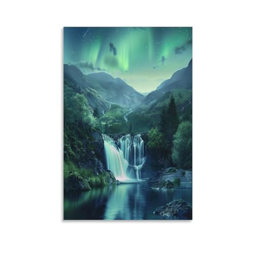 Rustikaler Kunstdruck auf Leinwand, Motiv: Aurora Borealis, moderner Wasserfall-Berglandschaft, Gemälde auf strukturierter Leinwand, Wandposter, Kunstwerk für Wohnzimmer, Schlafzimmer, Büro, ungerahmt Rustikaler Kunstdruck auf Leinwand, Motiv: Aurora Borealis, moderner Wasserfall-Berglandschaft, Gemälde auf strukturierter Leinwand, Wandposter, Kunstwerk für Wohnzimmer, Schlafzimmer, Büro, ungerahmt von FUYUETTG