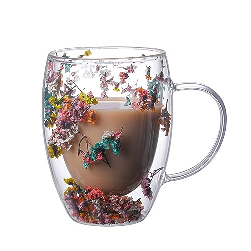 FUZYXIH Neuartige doppelwandige Glastasse mit trockenen Blumen, Meeresschnecken, Muscheln, Glitzerfüllungen für Kaffee, Saft, Milch, schönes Geschenk, Glas-Kaffeetasse von FUZYXIH