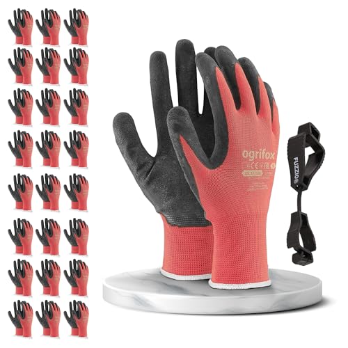 FUZZIO 24 Paar Arbeitshandschuhe Herren, Mechaniker Handschuhe Rot, Gartenhandschuhe Herren, Arbeitshandschuhe Damen Gr 7, Montagehandschuhe Herren, Latex Beschichtung mit Handschuhclip von FUZZIO