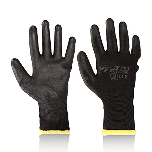 FUZZIO® 10 Paar Arbeitshandschuhe EN388 PU Bauhandschuhe mit Handschuh-Klammern Gr.8, schwarz von FUZZIO