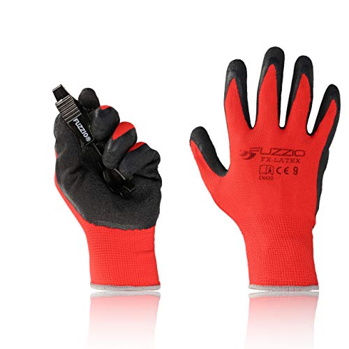 FUZZIO® 12 Paar Arbeitshandschuhe EN388 Latexbeschichtung Bauhandschuhe Garten mit Handschuh-Klammern (L|9, Rot) von FUZZIO
