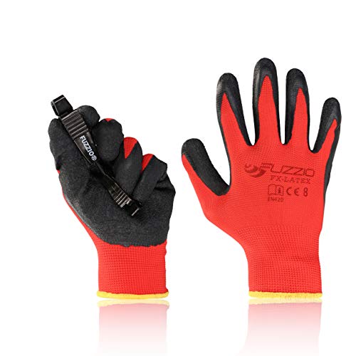FUZZIO® 12 Paar Arbeitshandschuhe EN388 Latexbeschichtung Bauhandschuhe Garten mit Handschuh-Klammern (M|8, Rot) von FUZZIO