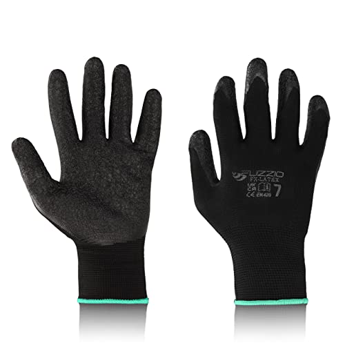 FUZZIO® 12 Paar Arbeitshandschuhe EN388 Latexbeschichtung Bauhandschuhe Garten mit Handschuh-Klammern Gr. 7 Schwarz von FUZZIO