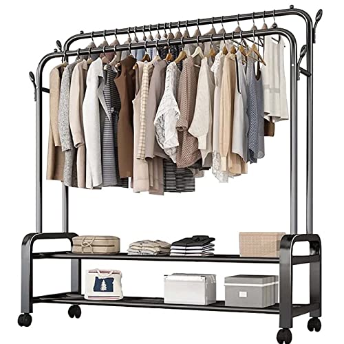 Schwerlast-Kleiderständer auf Rollen, stabile Metallgarderobe mit Rollen und 2 Kleiderstangen, modern, einfach zu montieren, belastbar bis 100kg (mit 2x Aufbewahrungstaschen, A-150cm). von FUlnEs