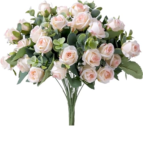 FVCTGHZ 10 Köpfe Kunstblume Seidenrose weiße Eukalyptusblätter Pfingstrose Bouquet Gefälschte Blume for Hochzeitstisch Party Vase Home Decor(Pink) von FVCTGHZ