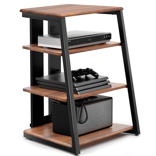 FVCTGHZ 4-Tier AV Media Stand Corner Shelf for Record Player Wooden Stereo Cabinet Audio Rack Tower(Dark Walnut) von FVCTGHZ