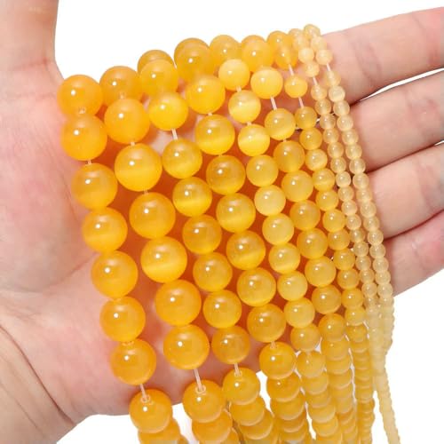 1 Strang 4 6 8 10 12 mm Natursteinperlen, runde Katzenaugen-Steinperlen für die Herstellung von DIY-Schmuck, Armbändern, Ohrringen und Halsketten, Zubehör – Gelb – 8 mm (45 Stück) von FVFIJH