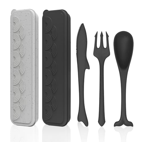 FVFVAHO Reisebesteck Camping Besteckset, 2 Pcs Meeres-Thema tragbares Besteck Set mit Etui, Kunststoff Reisebesteck Löffel Messer Gabel, Set für Reisen, Picknick, Outdoor, Büro, Schule (Grauschwarz) von FVFVAHO