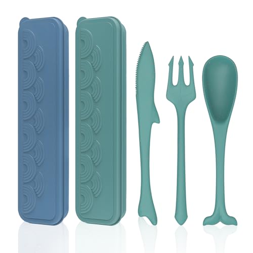 FVFVAHO Wiederverwendbares Camping-Utensilien-Set, 2er-Set, Reiseutensilien in Fischform, mit Etui, Kunststoff, wiederverwendbar, Reisebesteck für Kinder, Erwachsene, Picknick, Outdoor (Dunkelblau, von FVFVAHO