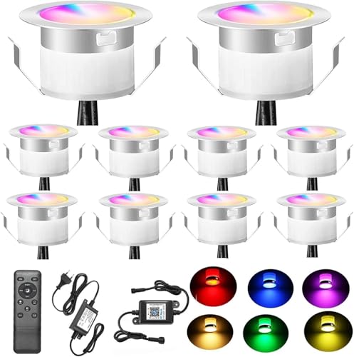 FVTLED 10er WIFI RGBWW LED Bodeneinbaustrahler Aussen Arbeitet mit Alexa,WiFi Wireless Smart Phone,Bodenleuchten Bodenstrahler DC12V Ø31mm 0.6W Terassenbeleuchtungen Led Spot 12V von FVTLED