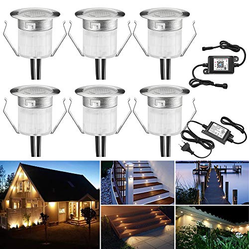 FVTLED 6er WIFI Dimmbar LED Bodeneinbauleuchten große Größe Einbaustrahler Arbeitet mit Alexa,IFTTT,WiFi Wireless Smart Phone, Ø30mm 0.6W IP67 Wasserdicht LED Einbaustrahler Außen Full Kit von FVTLED