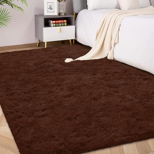 FVVRAX Flauschiger Hochflor Teppich 90x150 cm Braun | Extra weicher Shaggy Teppich rutschfest für Wohnzimmer Schlafzimmer | Kuscheliger Bodenteppich für Kinder Haustiere von FVVRAX