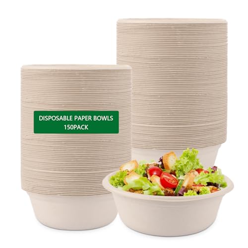 FWEEK 150 Stück 500ml Zuckerrohr Bagasse Einwegschalen, Suppenschalen Einweg 500ml, Einwegschüsseln, Kompostierbar Suppenschalen für Party Hochzeit Picknick von FWEEK